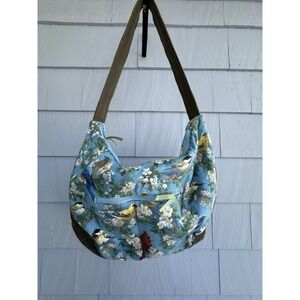 Sally Bag Bird Print Shoulder Bag Floral Cotton Corduroy Trim Zip Hobo